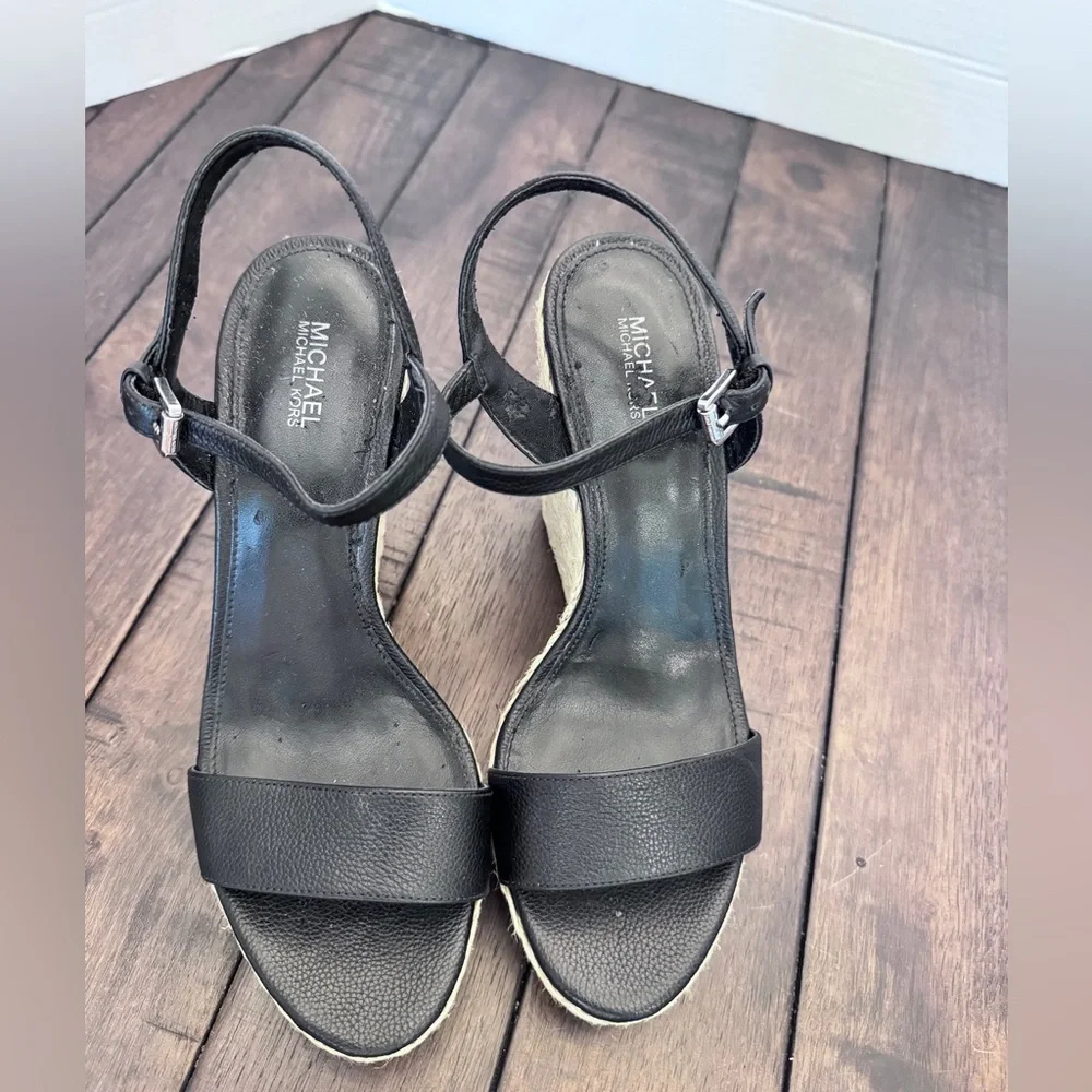 Michael Kors Womens Jill Black Leather Wedge Espadrille Sandals Shoes Size 8.5 M
